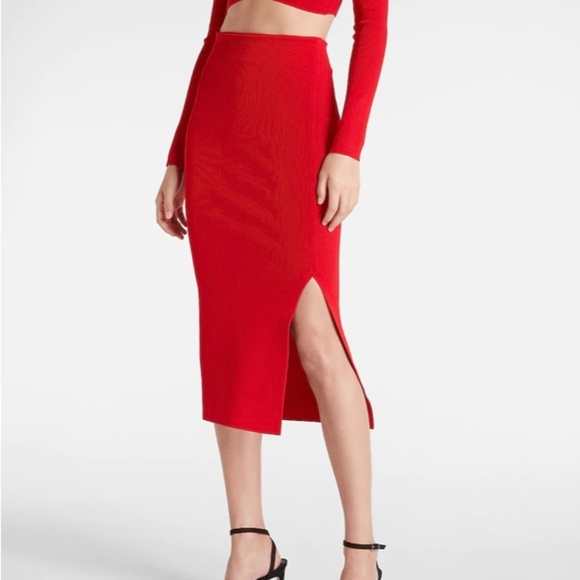 ISO XXS Red Express Body Contour Side Slit Midi Sweater Pencil Skirt - Picture 2 of 6
